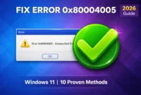 Fix error 0x80004005 on Windows 11 featured image showing error dialog with green checkmark indicating solution for unspecified error during updates and file extraction