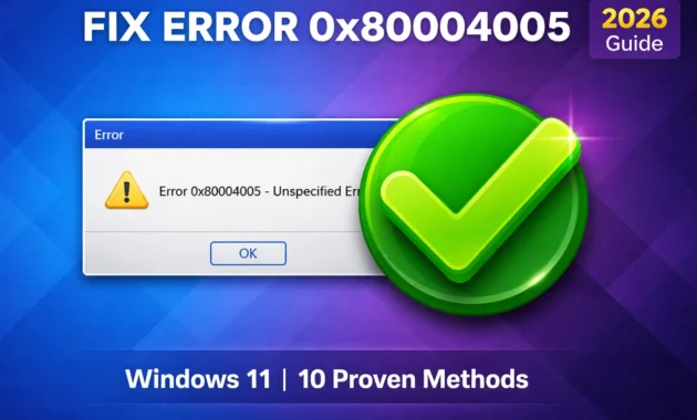 Fix error 0x80004005 on Windows 11 featured image showing error dialog with green checkmark indicating solution for unspecified error during updates and file extraction
