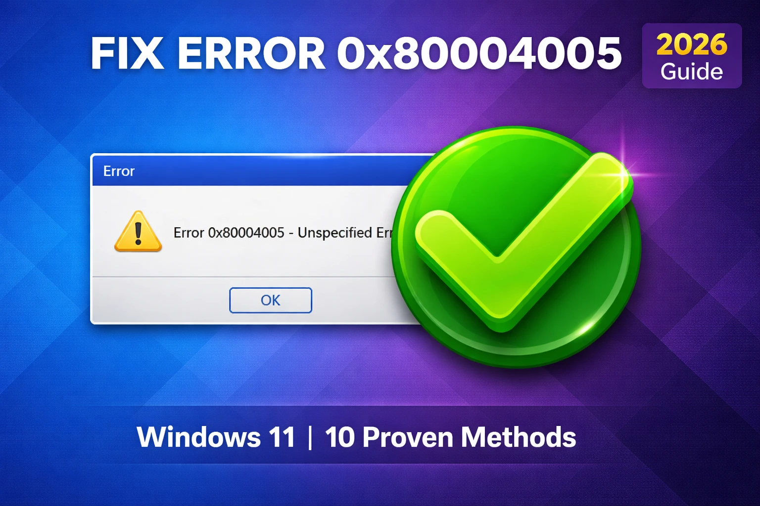 Fix error 0x80004005 on Windows 11 featured image showing error dialog with green checkmark indicating solution for unspecified error during updates and file extraction
