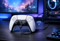 PS5 DualSense controller connected to gaming PC with USB cable and Bluetooth wireless setup on modern desk