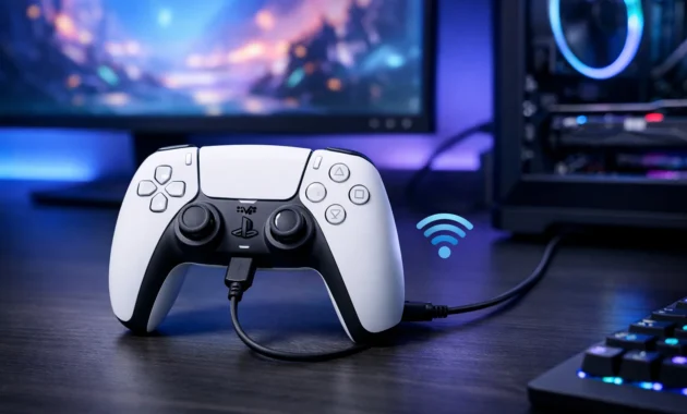 PS5 DualSense controller connected to gaming PC with USB cable and Bluetooth wireless setup on modern desk