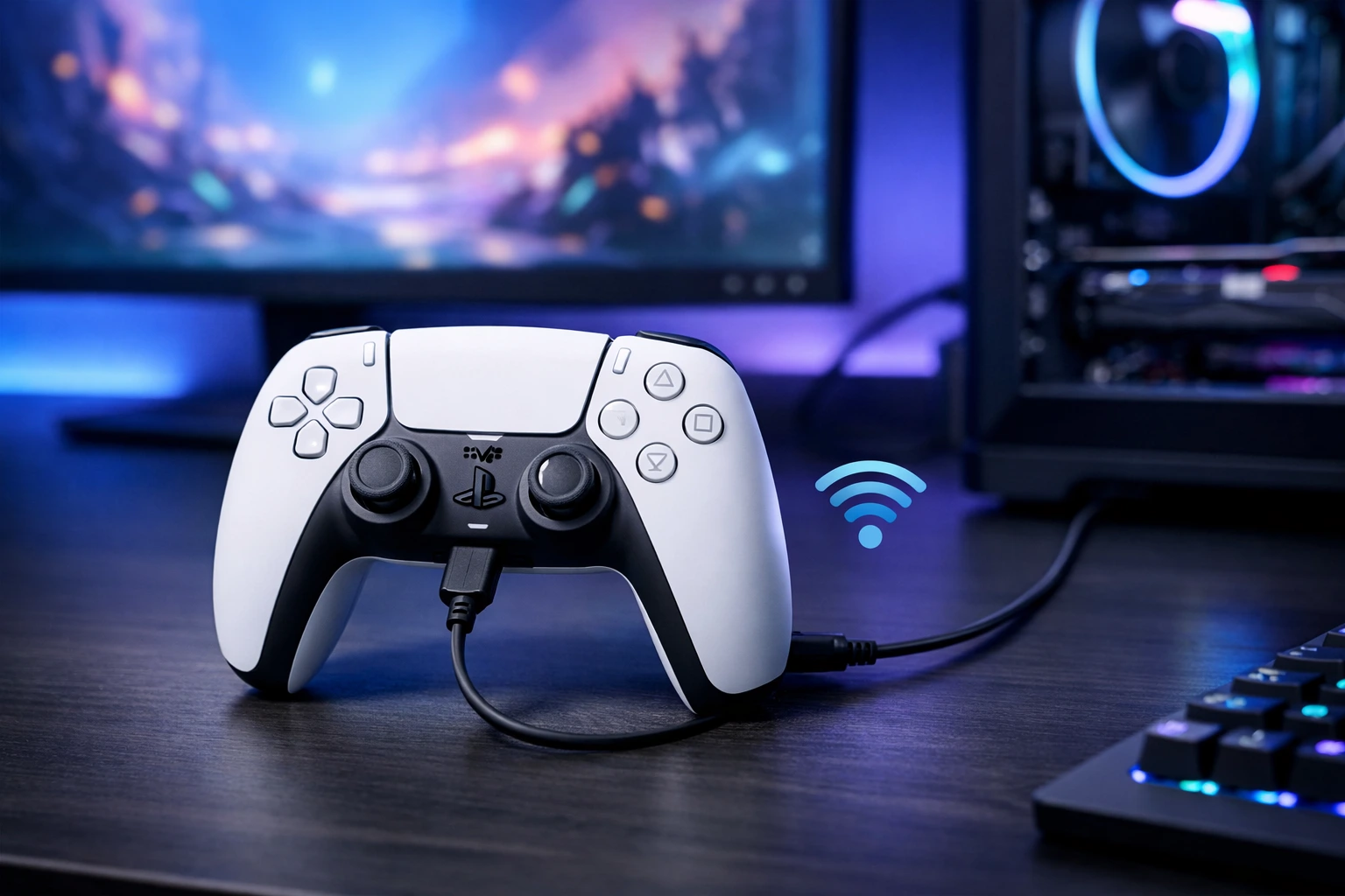 PS5 DualSense controller connected to gaming PC with USB cable and Bluetooth wireless setup on modern desk