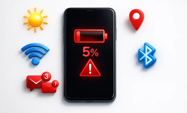 Smartphone displaying low battery warning icon with background icons showing WiFi Bluetooth location and apps draining phone battery fast