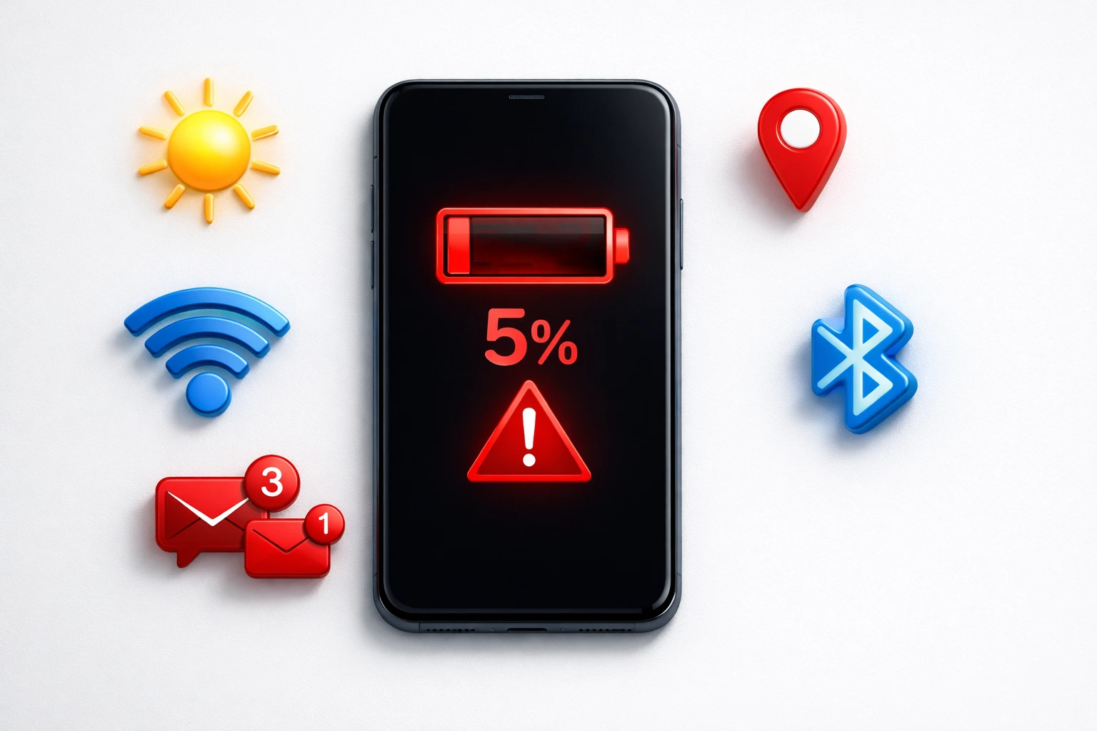 Smartphone displaying low battery warning icon with background icons showing WiFi Bluetooth location and apps draining phone battery fast