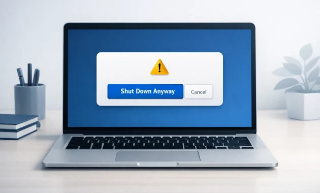 Windows PC shutdown screen showing force shutdown option and safety guidance