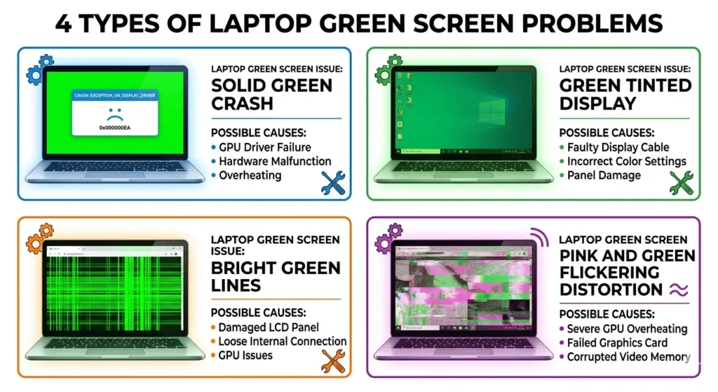 Infographic showing four different types of laptop green screen problems: crash screen, green tint, green lines, and pink-green flickering, displayed in a 2x2 grid comparison