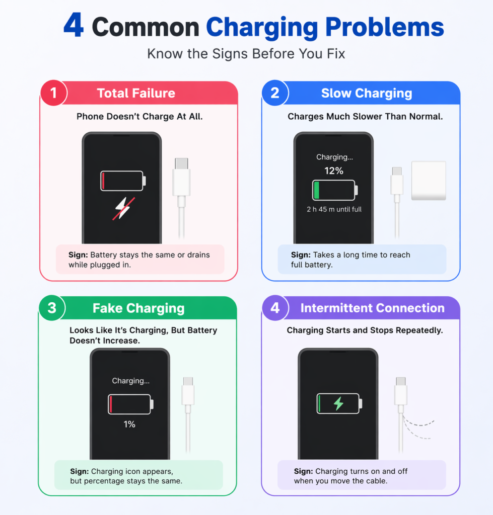 Person holding a smartphone plugged into a charger with
no charging icon showing on screen representing phone
not charging problem