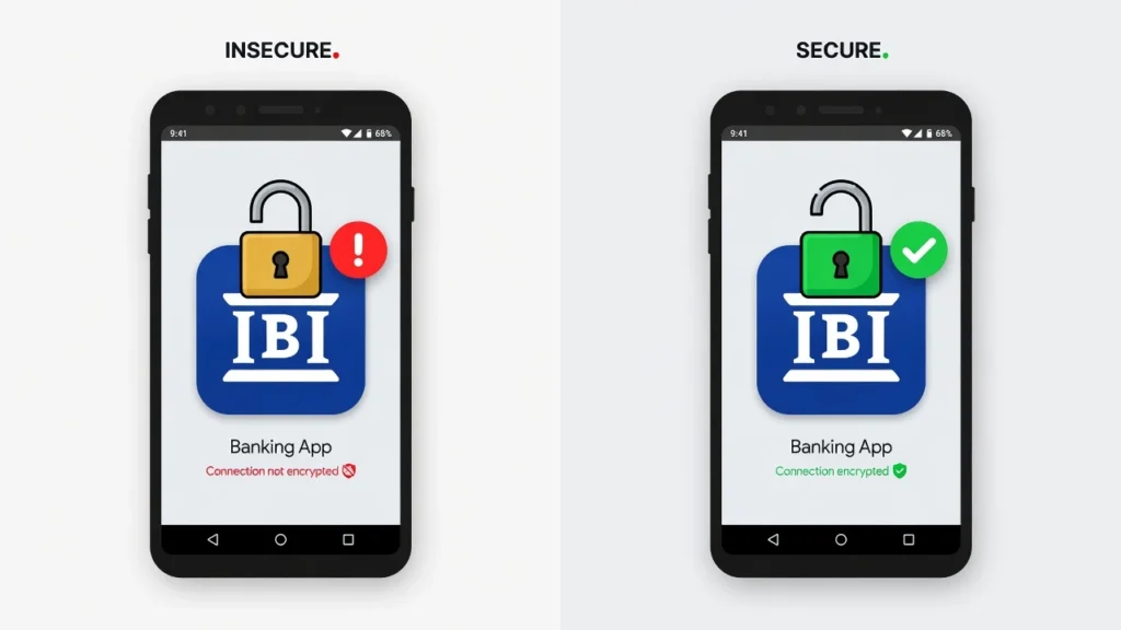 Split comparison showing an Android app with an open padlock indicating incorrect setup versus a closed padlock showing correct app lock configuration on Android