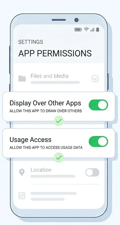 Android settings screen showing Display Over Other Apps and Usage Access permissions both enabled for app lock software on Android