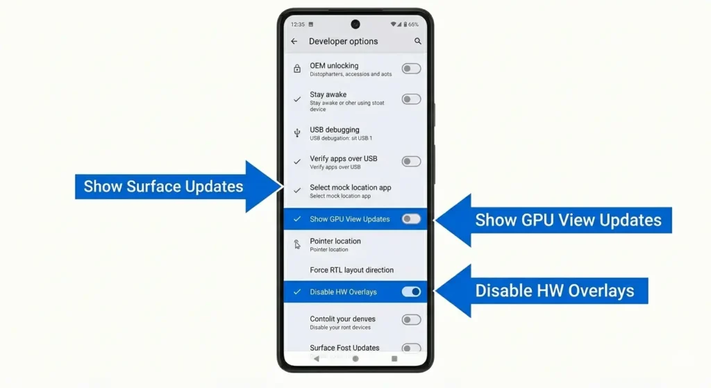 Screenshot of Android Developer Options showing the three GPU settings to toggle: Show Surface Updates OFF, Show GPU View Updates OFF, and Disable HW Overlays ON to fix GPU rendering conflicts