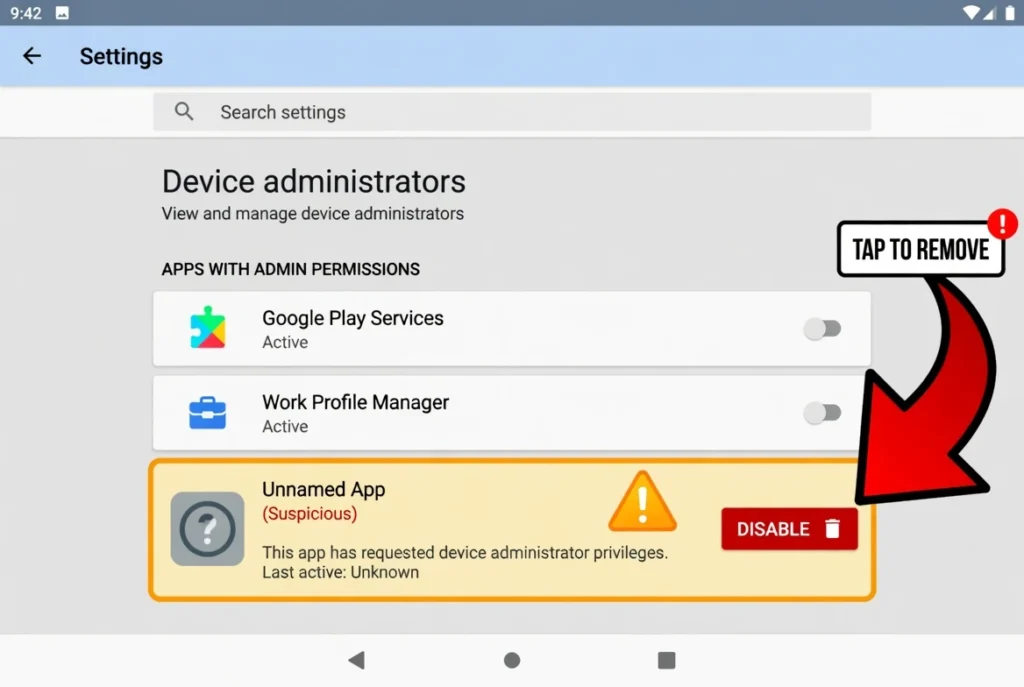 Android Device Administrator settings screen showing suspicious app with admin access and Disable button highlighted for virus