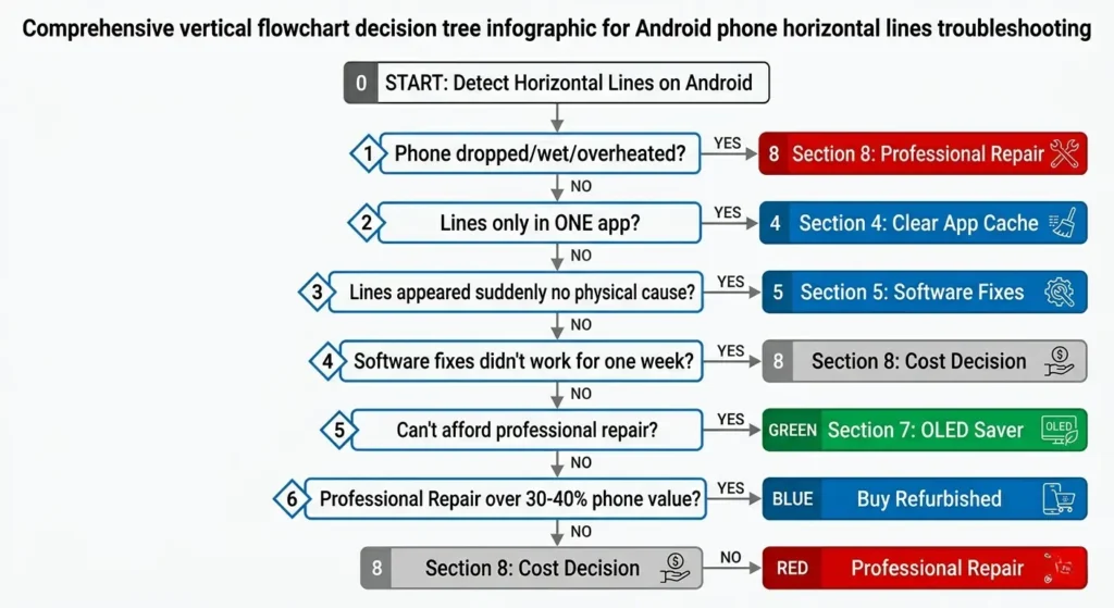Complete decision tree flowchart showing all 6 diagnostic questions and branching paths to determine the correct fix approach for horizontal lines on Android phone screen