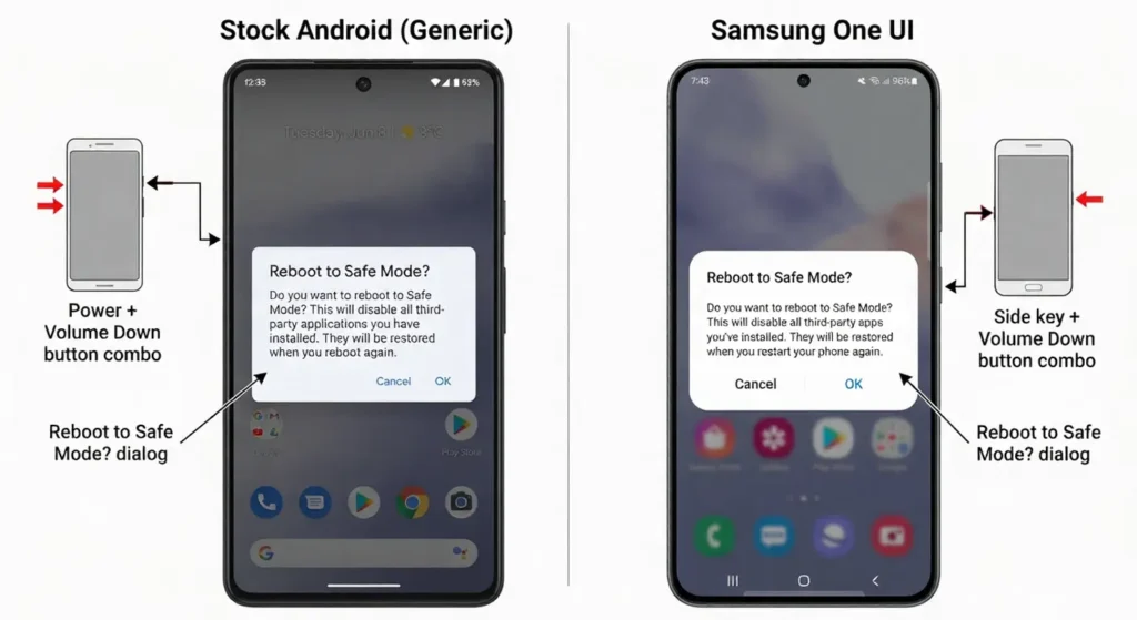 Screenshot showing where to find Safe Mode option in Android power menu and how to access it by long-pressing Power off button