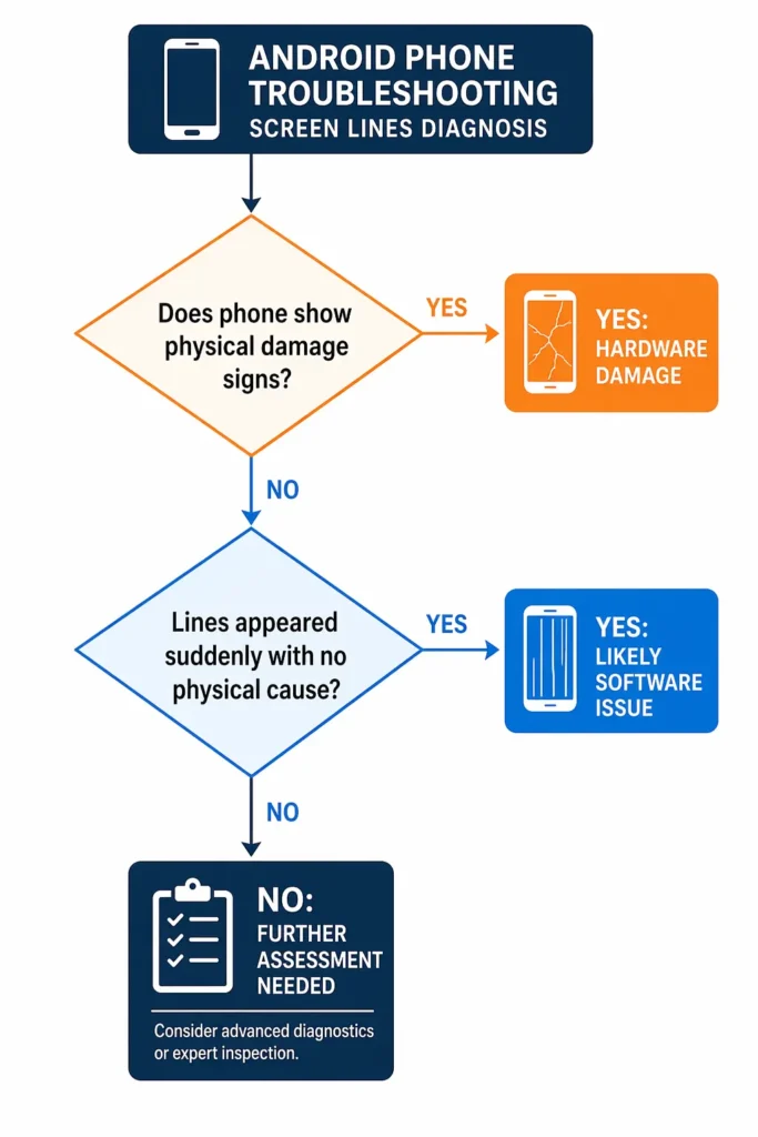 Diagnostic flowchart helping users determine if horizontal lines on phone screen are caused by hardware damage or software issues before troubleshooting