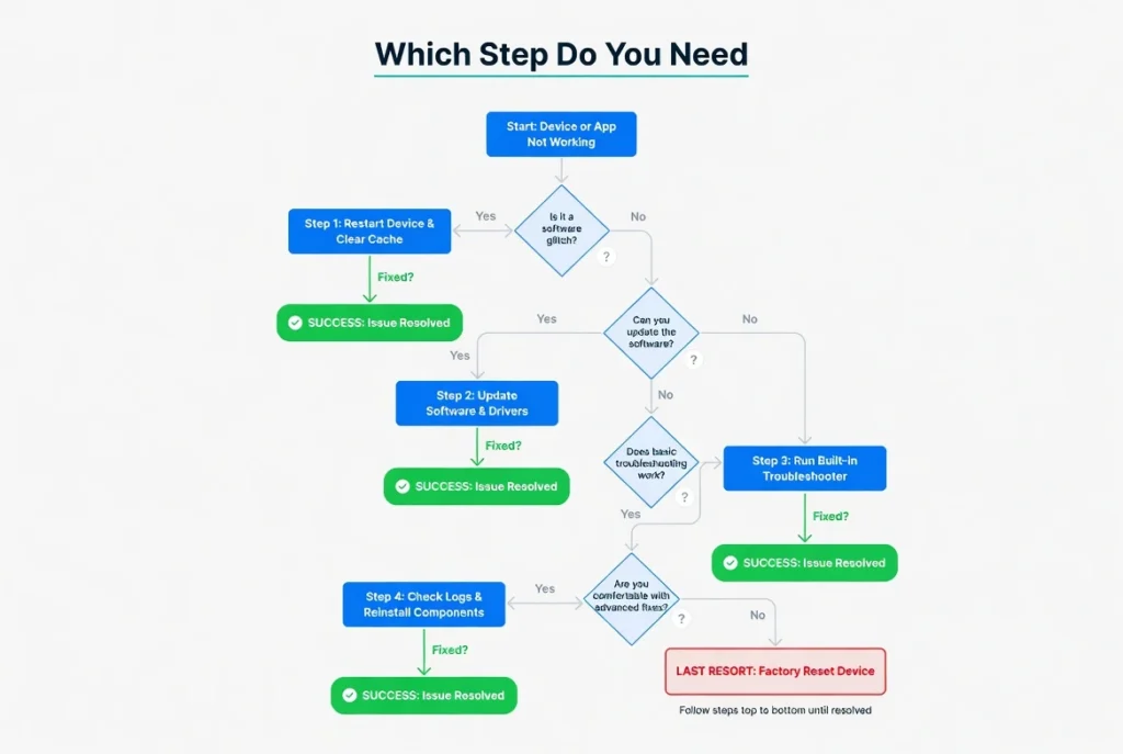 Flowchart showing which Android virus removal step to take from manual removal to Google Play Protect scan to factory reset as last resort
