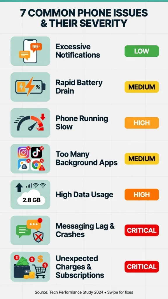 Infographic showing 7 signs your Android phone has a virus with severity ratings from low to critical including pop-ups battery drain and data usage