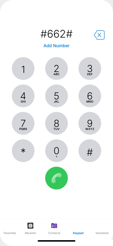 iPhone keypad showing #662# code to activate AT&T Call Protect spam blocking service