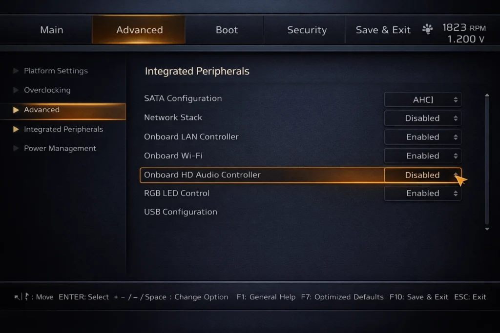 UEFI BIOS interface showing Onboard HD Audio Controller setting highlighted and set to Disabled in the Advanced menu