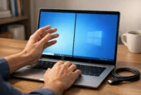 black-line-on-hp-laptop-screen-fix Black line on HP laptop screen with hands on keyboard troubleshooting the display problem