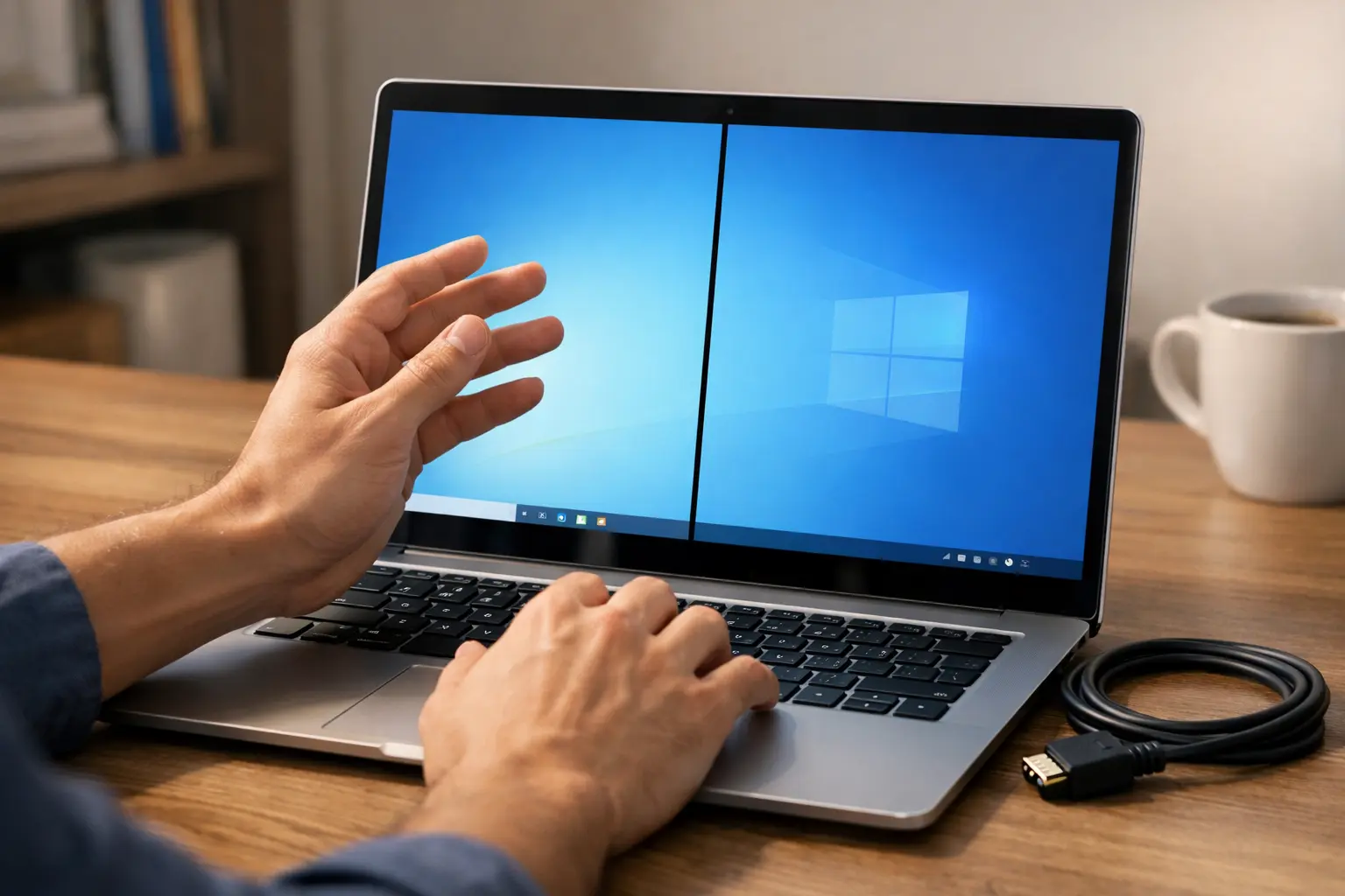 Black line on HP laptop screen with hands on keyboard troubleshooting the display problem