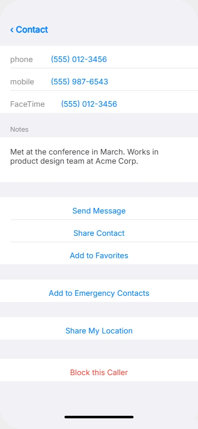 Block this Caller button in iPhone contact details to permanently block spam phone numbers