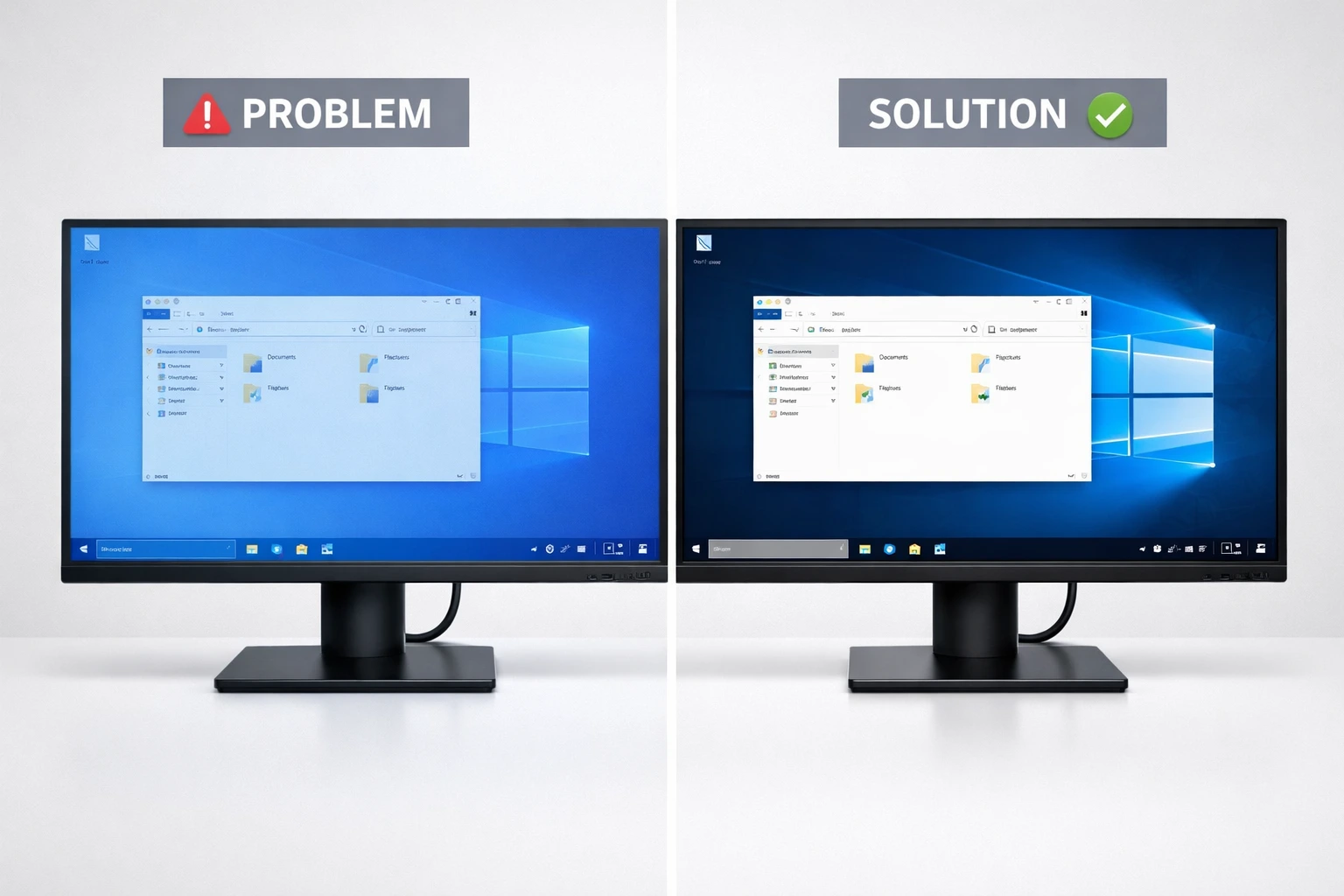 Before and after comparison of blue tint on Windows 10 monitor showing problem display with blue color cast and solution with accurate colors