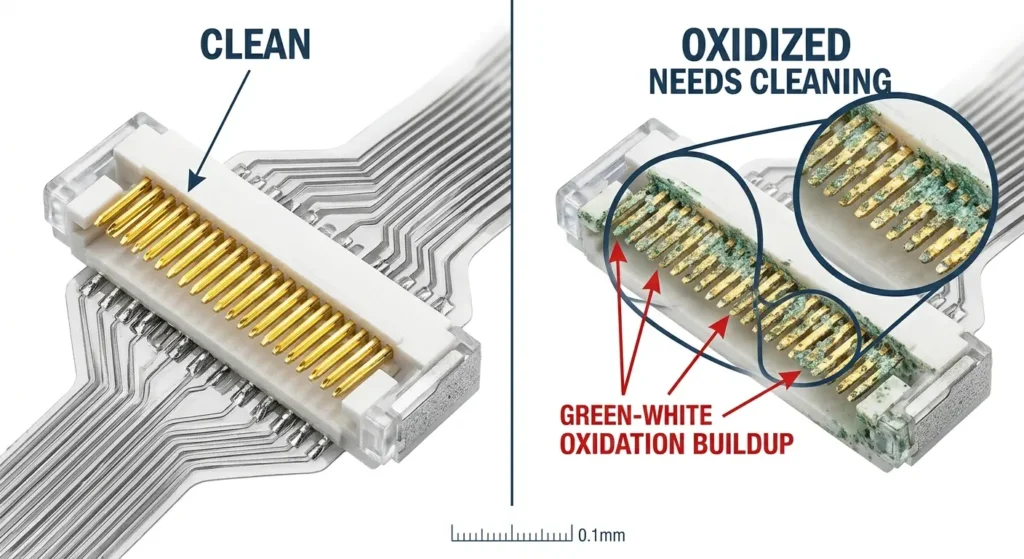 Comparison illustration showing a clean laptop connector with shiny gold pins next to an oxidized connector with green-white corrosion buildup on the pins