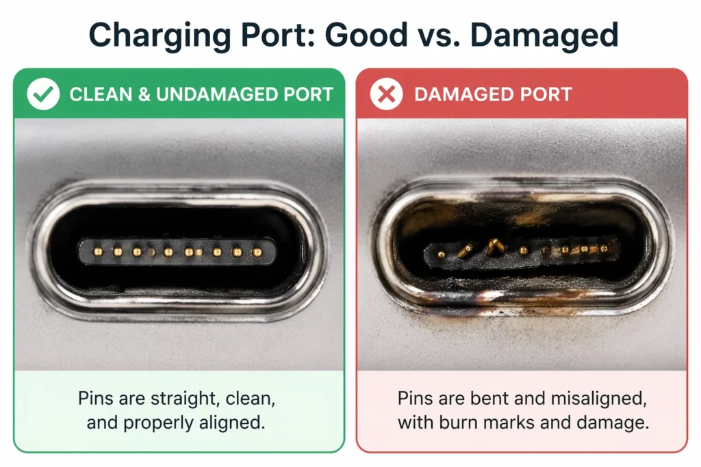 Side by side comparison of a clean undamaged phone
charging port with visible shiny pins versus a damaged
charging port showing bent pins and burn marks requiring
professional repair