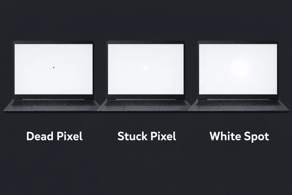 Diagram comparing dead pixel black dot, stuck pixel pinpoint, and white spot broad patch on a laptop screen