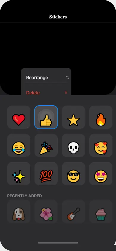 iPhone sticker panel showing the delete popup menu appearing
after long pressing a custom sticker to delete it