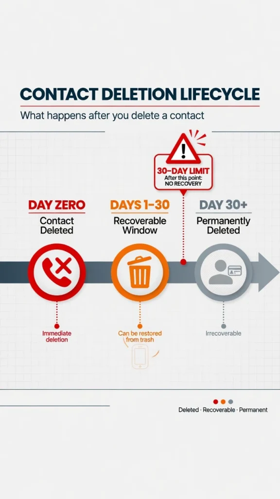 Timeline diagram showing the 30-day recovery window for
deleted contacts before permanent deletion on Android
and iPhone