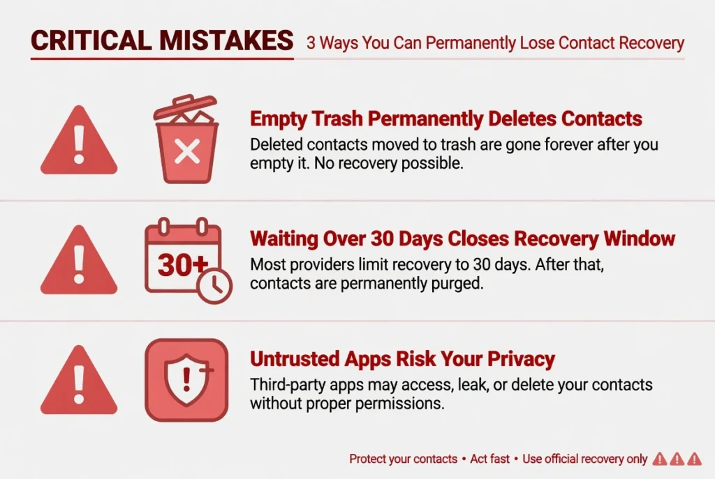 Warning infographic showing three mistakes that make
deleted phone number recovery impossible including
emptying trash and waiting over 30 days
