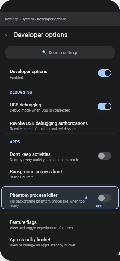  Android Developer Options screen showing  Phantom Process Killer setting turned off to fix emulator crashes