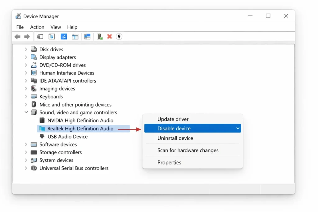 Windows 11 Device Manager right-click menu on Realtek High Definition Audio showing the Disable device option highlighted