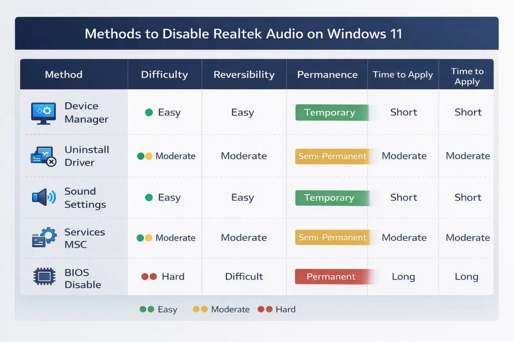 Comparison infographic showing 5 methods to disable Realtek audio on Windows 11 rated by difficulty reversibility permanence and time