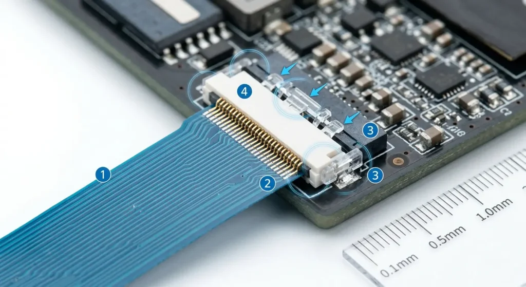 Close-up photograph of a laptop display cable connector showing the ribbon cable, connector pins, motherboard socket, and the small latch mechanism that releases it