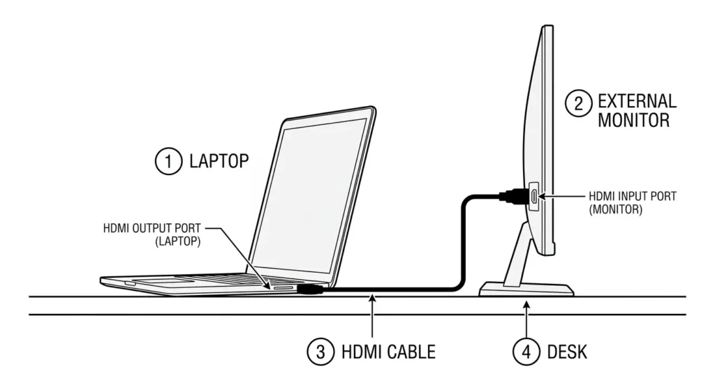 Diagram showing how to connect a laptop to an external monitor using an HDMI cable for the green screen diagnostic test, with labeled ports and connection points