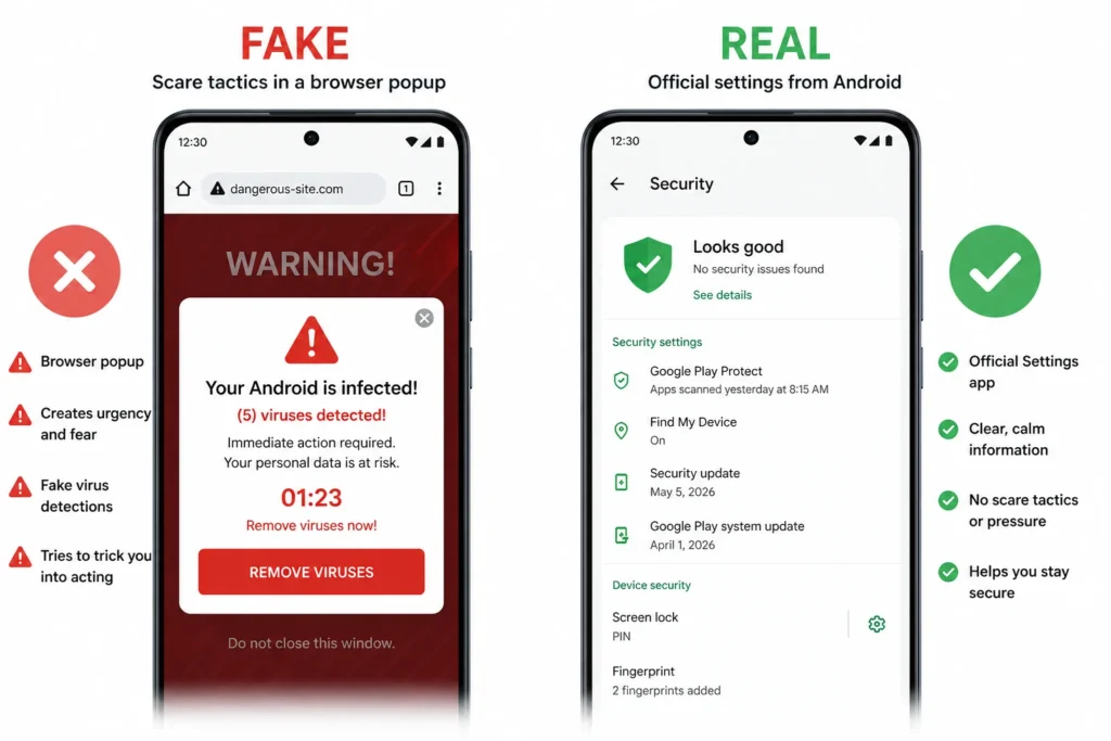 Side by side comparison showing fake virus warning popup on left and real Android security settings alert on right