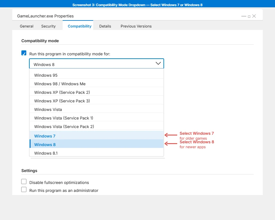 Compatibility mode dropdown Windows 8 Windows 7 options Steam fix Windows 11