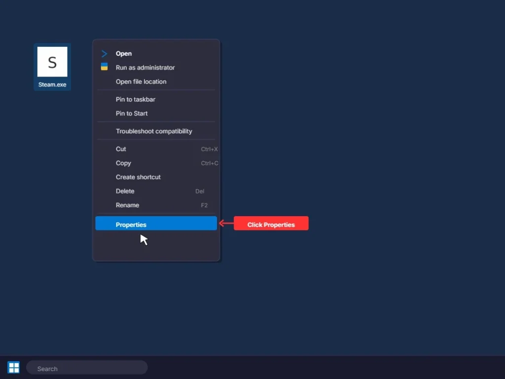 Steam.exe right click context menu Properties Windows 11