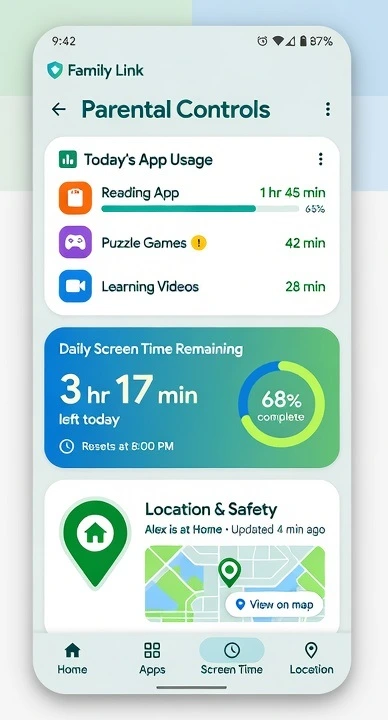 Smartphone showing a Google Family Link style parental controls dashboard with app usage, screen time limits, and location tracking for Android