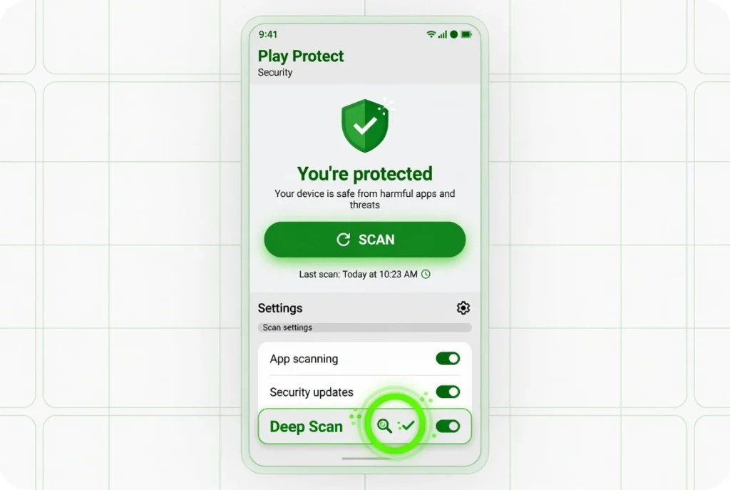 Google Play Protect screen on Android showing green shield protected status Scan button and Deep Scan option for malware detection