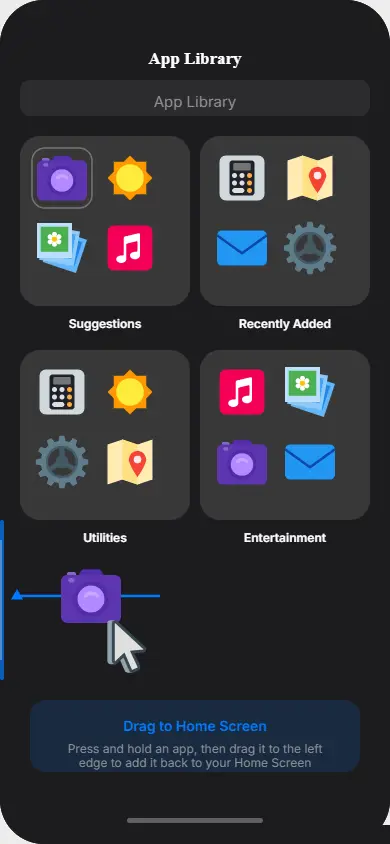 Dragging an app icon from the iPhone App Library back to the home screen