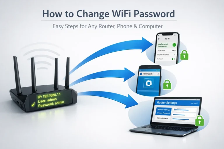Illustration of how to change WiFi password on any device, showing a router with highlighted credentials on the left, connection arrows in the middle, and iPhone, Android phone, and Windows laptop on the right with security lock icons