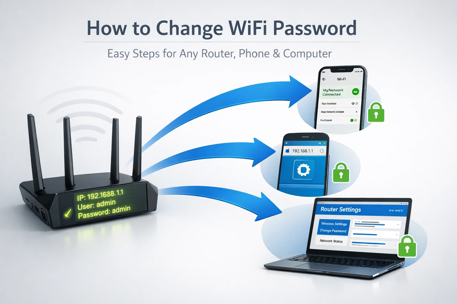 Illustration of how to change WiFi password on any device, showing a router with highlighted credentials on the left, connection arrows in the middle, and iPhone, Android phone, and Windows laptop on the right with security lock icons