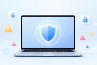 Illustration of a MacBook with a security shield icon showing how to check for malware on Mac