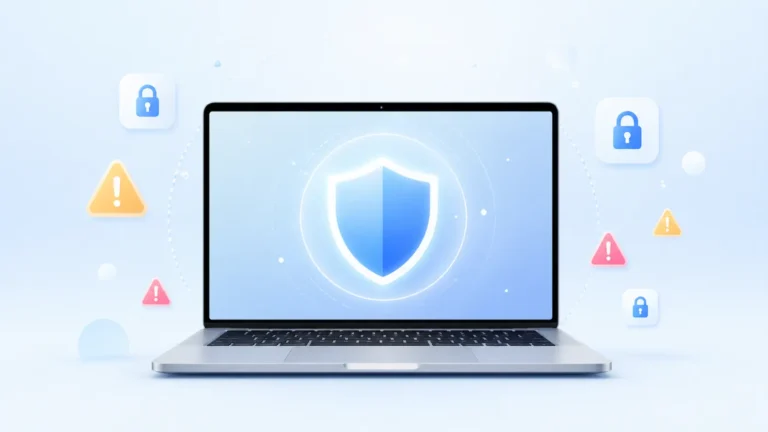 Illustration of a MacBook with a security shield icon showing how to check for malware on Mac