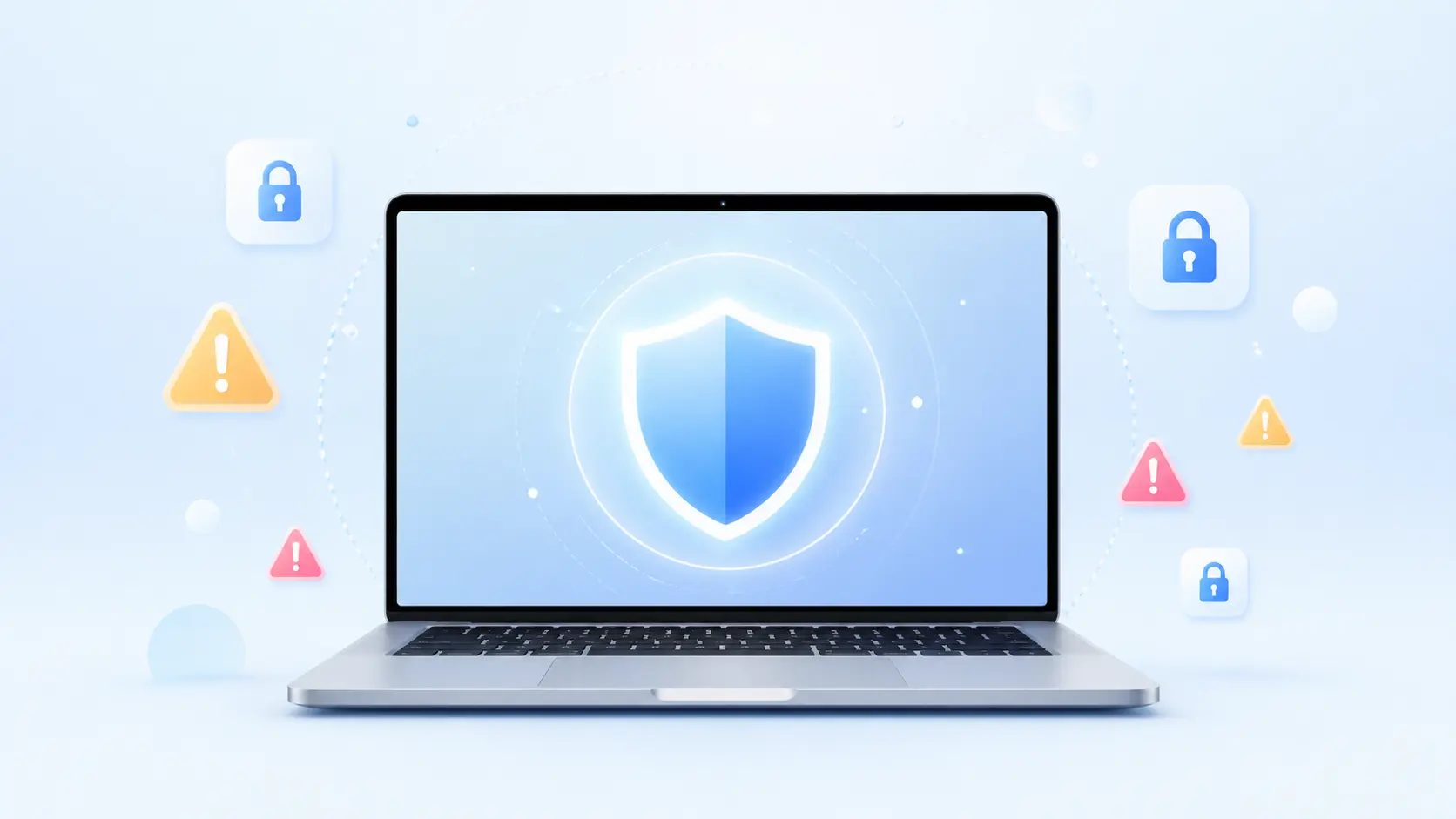 Illustration of a MacBook with a security shield icon showing how to check for malware on Mac