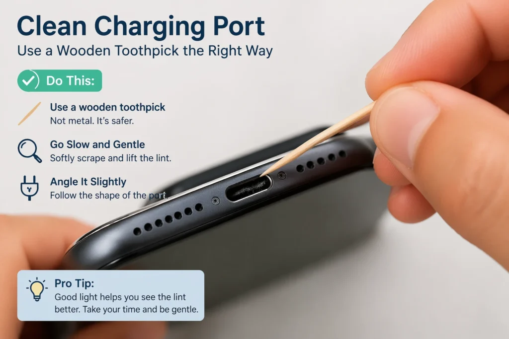 Close up of a wooden toothpick being gently inserted
into a smartphone USB-C charging port to remove
compressed lint and debris causing charging failure