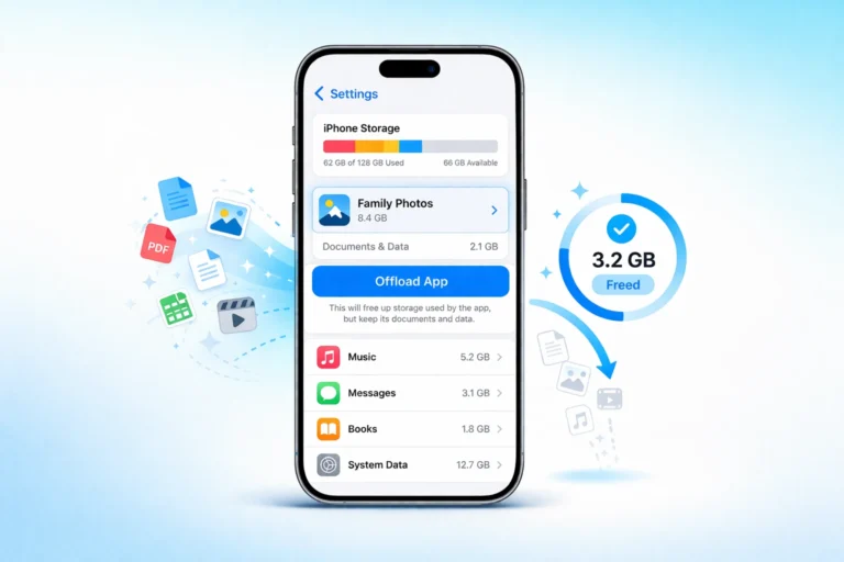 Step by step guide showing how to clear app cache on iPhone using the Offload App option in iPhone Storage settings